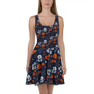 Curveball Crush Women's Navy & Orange Floral Sleeveless Skater Dress - Casual Day Wear with Elastic Waistline & Flared Skirt - Houston Game Day Style