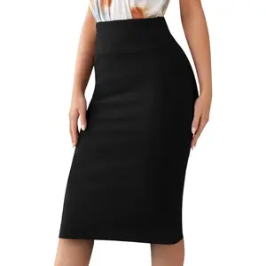 Women’s Basic Stretch Pencil Skirt- Regular & Plus Size- Below Knee Office Midi Bodycon Nylon Skirt Made in USA