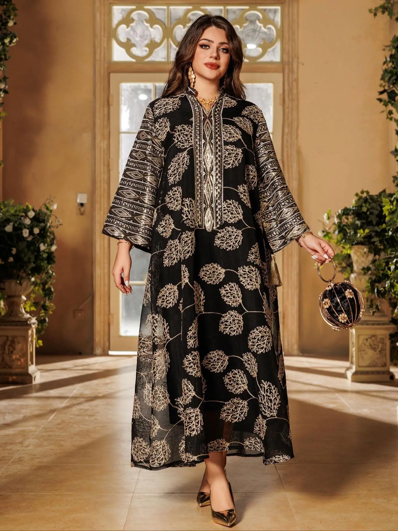 Women's Embroidery Sequin Islamic Dress, Elegant Long Sleeve Arabic Clothing for Party Holiday Wedding Guest, Ladies Spring & Fall Clothes