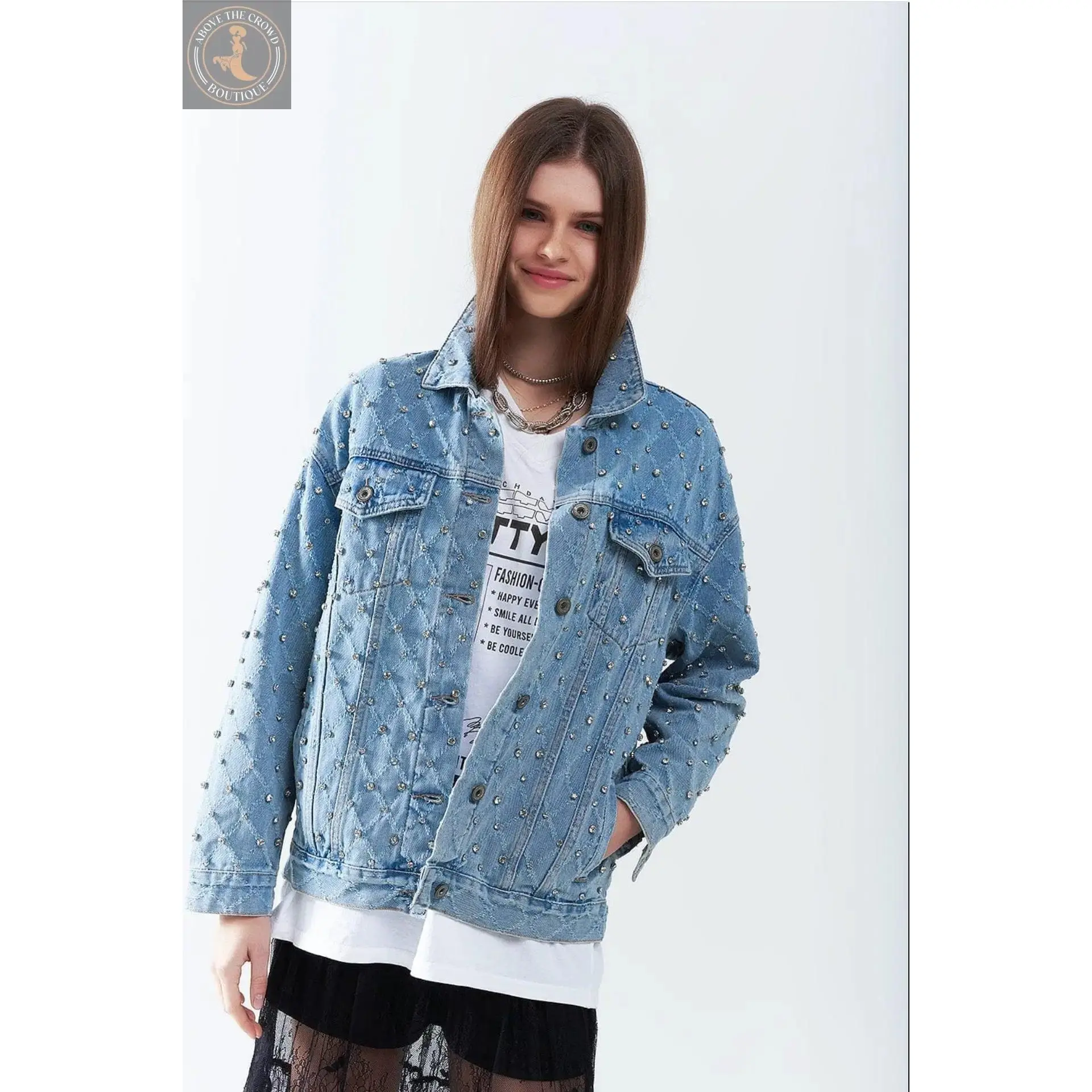 Q2 Wide Denim Jacket With Rhinestones In A Diamond Pattern