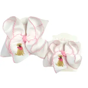 Girl Dog Embroidered Moonstitch Hair Bow