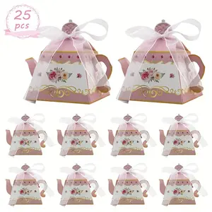 25pcs Mini Floral Tea Party Gift Boxes, Gift Box Packaging - Vintage Style Paper Gift Boxes with Floral Teapot Design, Suitable for Weddings, Birthdays, Showers - Universal Holiday Decoration, Shower Gifts, Tea Party Decoration