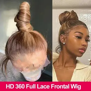 360 HD Lace Frontal Wig Honey Blonde Highlight 30 Inch 360 Human Hair Wig Ombre P4/27 Colored Straight Full Lace Transparent Lace Brazilian Virgin Human Hair Wigs