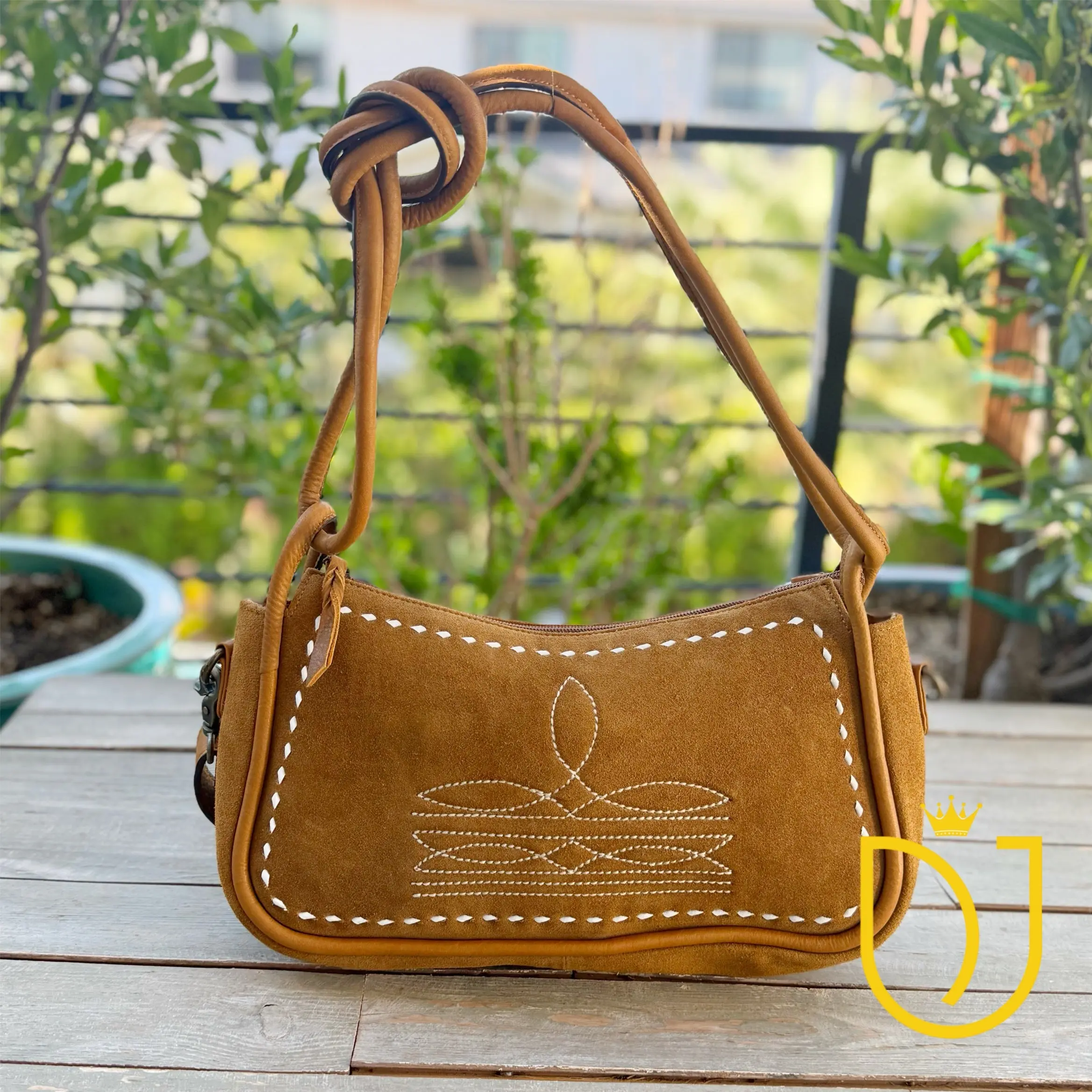 Emilie Caramel Genuine Suede Leather Western Boot Stitch Purse