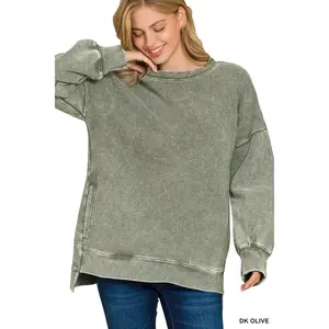Zenana Full Size Acid Washed Double Ribbed Hi-low Sweatshirt Plus Size