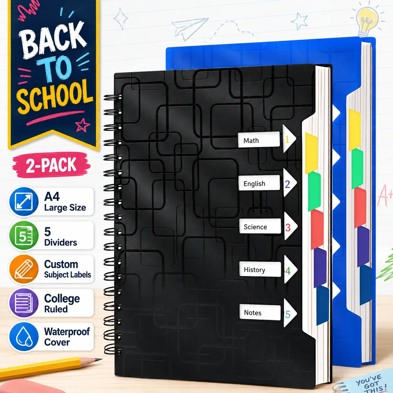 CAGIE 2-Pack A4 Spiral Notebooks with Dividers, College School Supplies for Students, Office Stationery Journal for Study & Back to School Shopping