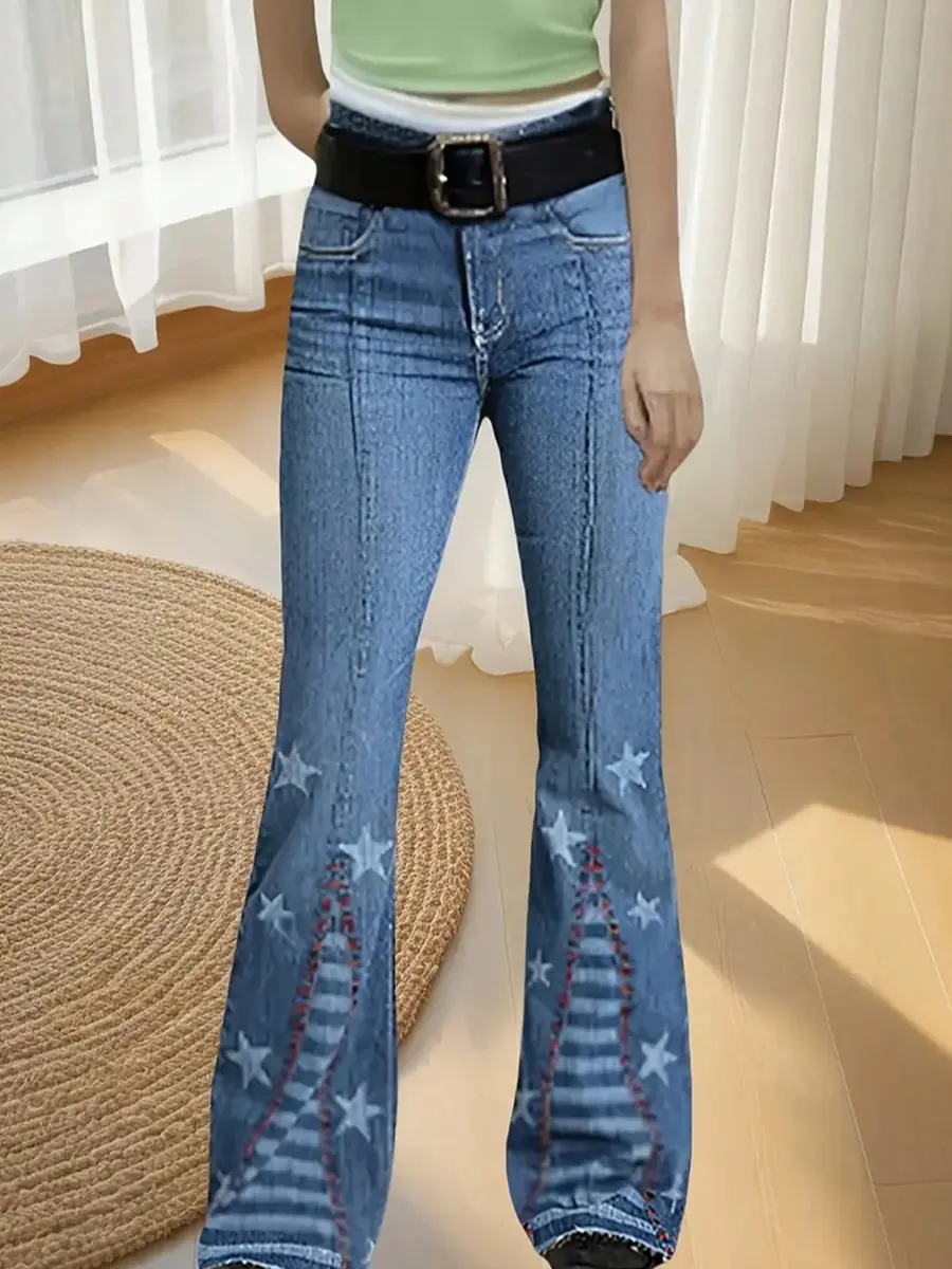 T05 Women Streetwear Star Print Patchwork Flared Jeans
