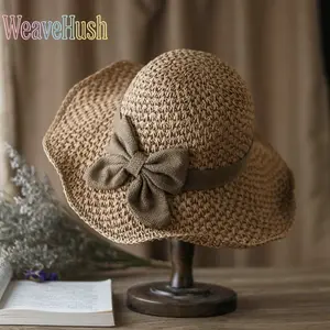 Women's Vintage Woven Straw Hat, Handmade Ruffled Bow Design, Elegant French Style Sun Hat, Foldable Portable Travel Beach Cap, Breathable Lightweight UV Protection Sun Hat, All-Match for Summer Beach Trips, Vacation, Outdoor Travel & Daily Street Styling