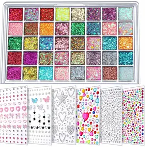 FANDAMEI Face Glitter Face Gems, Glitter Gel Palette with 6 Sheets Self Adhesive Hair Gems, Face Jewels for Women. Face Rhinestones Pearls for Women, Body Hair Glitter