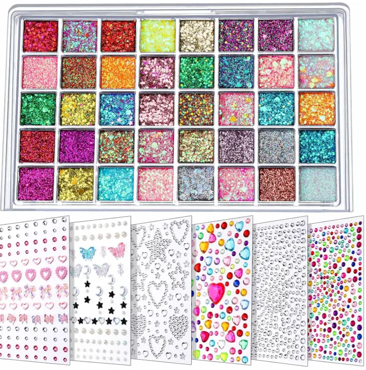 FANDAMEI Face Glitter Face Gems, Glitter Gel Palette with 6 Sheets Self Adhesive Hair Gems, Face Jewels for Women. Face Rhinestones Pearls for Women, Body Hair Glitter