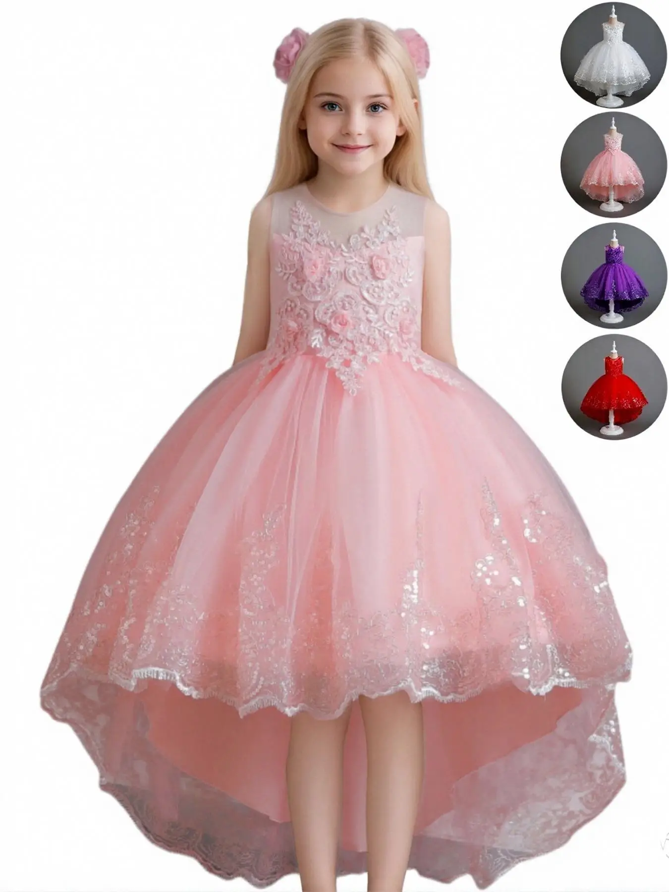 Children's Halloween and Christmas Costumes,Girl's Floral Decor Tulle Dress, Elegant Round Neck A Line Dress for Party Wedding Guest, Kids Clothes f