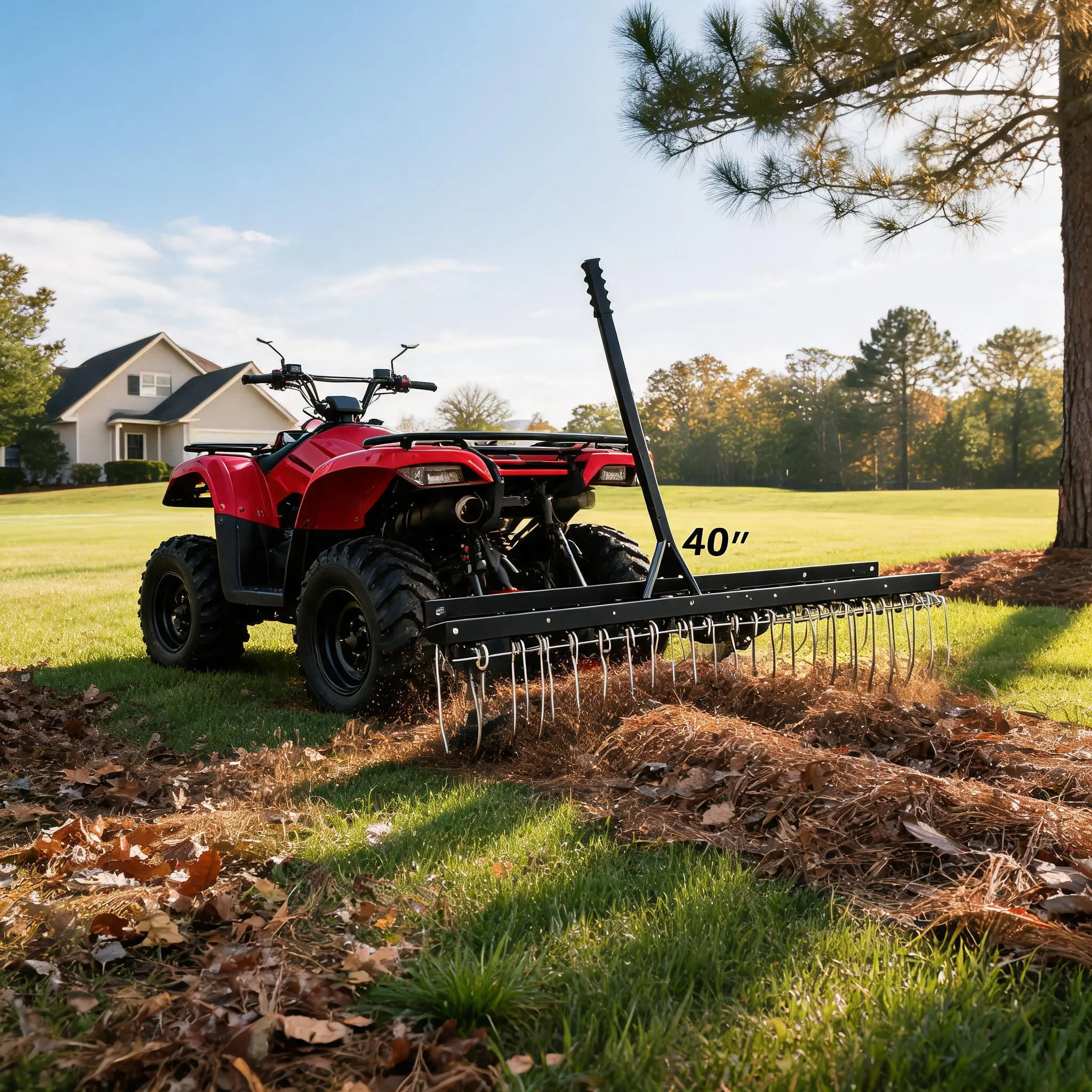 Tow-Behind Lawn Dethatcher Rake – 48-Inch Heavy-Duty Steel Spring Tines, Adjustable Hitch, Efficient Grass & Debris Removal for ATV, Riding Mower