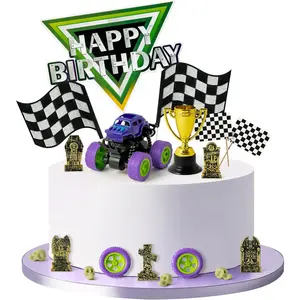 Monster truck cake topper 40pcs green and purple monster truck cake decoration racing car dessert cupcake topper for kid boy birthday truck theme party baby shower table decoration supply