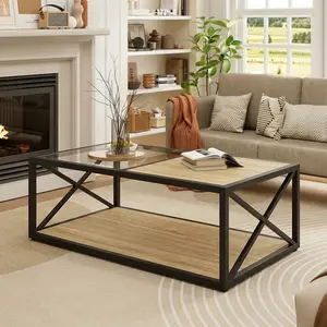 Modern 2 Tier Coffee Table with Tempered Glass & Wood Top, Industrial Center Table with Storage Shelf for Living Room Bedroom Office Small Space Apartment, Natural Wood