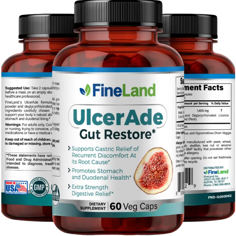 FineLand ULCER ADE Supports Gastric Relief of Recurrent Discomfort At Its Root Cause, Promotes Stomach and Duodenal Health, Extra Strength Digestive Relief digestive system support Healthcare Natural
