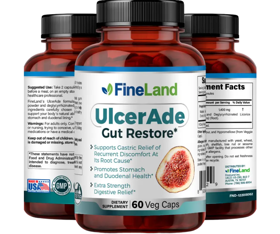 FineLand ULCER ADE Supports Gastric Relief of Recurrent Discomfort At Its Root Cause, Promotes Stomach and Duodenal Health, Extra Strength Digestive Relief digestive system support Healthcare Natural