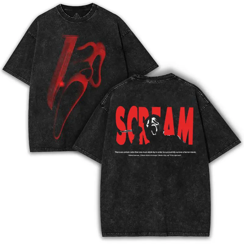 Men's Cotton Oversized Retro Washed Distressed Short-Sleeve Round Neck Graphic Tee - Red Scream Horror Print Double-Sided Funny Face Shirt, Grunge Streetwear Collector Item, Casual, Machine Washable, Multi-Size