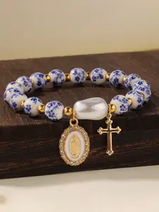 Vintage Casual Women's Handmade Pearl Beaded Cross Pendant Bracelet, Cross Charm Bangle, Unusual Shape Blue Porcelain Jewelry, Daily Wear Unique Charm