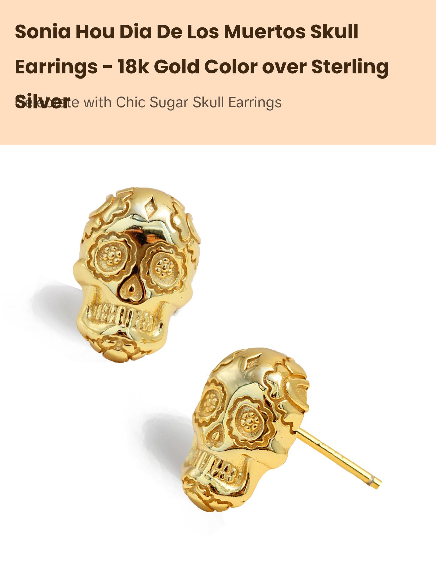 SONIA HOU Day of the Dead Skull Stud Earrings - 18K Gold Over Sterling Silver | S925 Dia De Los Muertos Chic Fashionable Exquisite Fashion Design