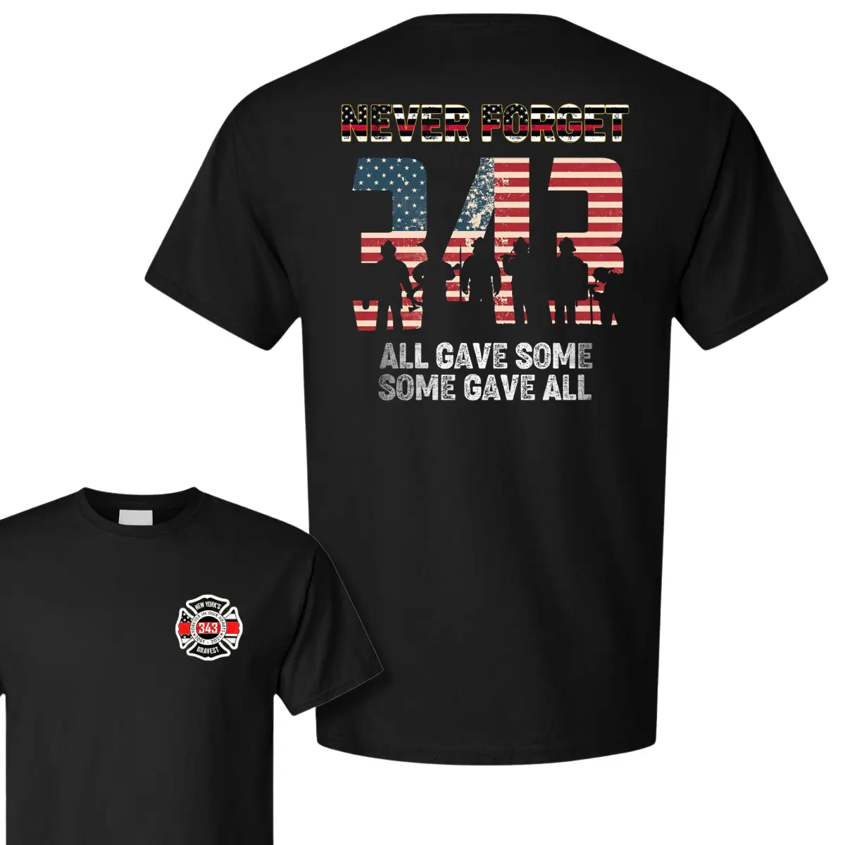 Never Forget 343 9/11 Memorial Firefighter T-Shirt, American Flag