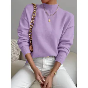 Women's Sweater, Soft Lavender Low-Neck Solid Color, Winter Warm Long Sleeve with White Piping Trim, Casual & Dressy Purple Sweater Coat for Fall/Winter Layering, Versatile Office to Weekend Wear, Hand Wash/Dry Clean