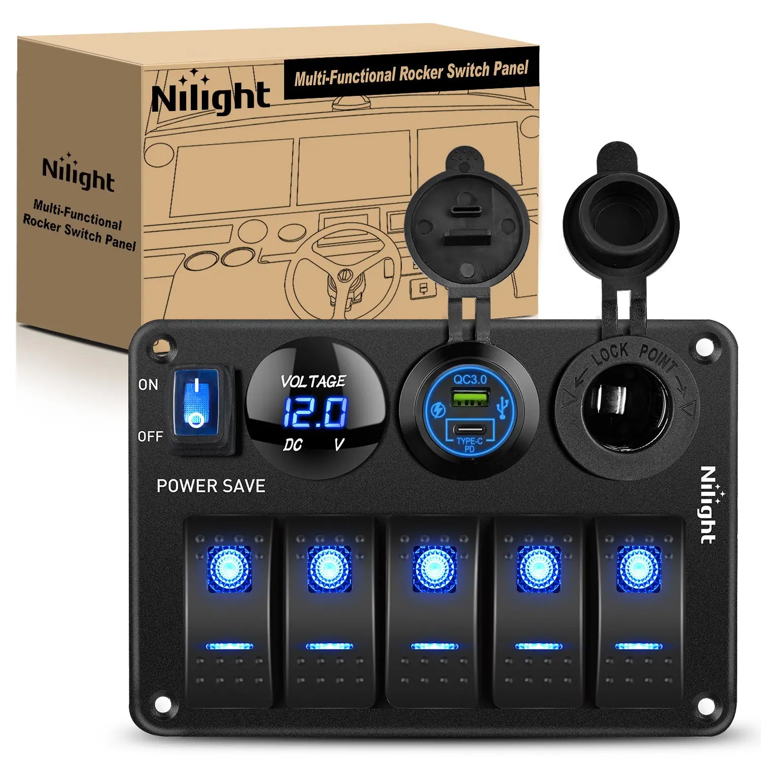 Nilight 5-Gang Waterproof Pre-Wired Aluminum Rocker Switch Panel - 12V/24V Power Control with PD Type-C, USB, Cigarette Lighter Socket, Voltmeter for Boat, Truck Accessories, RVs, Boat Must Haves, All-In-One