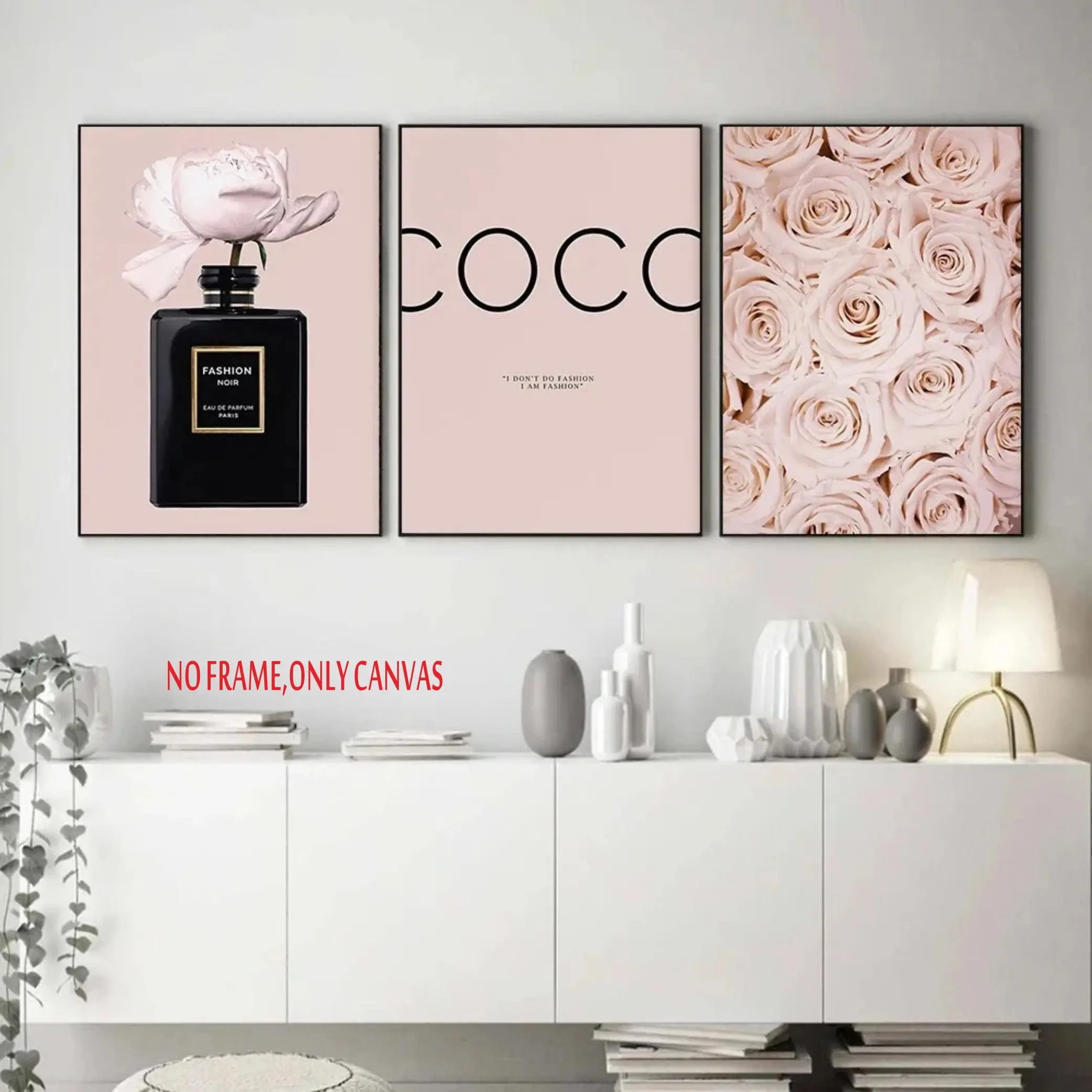 3-Piece Set, Blush Pink Floral Canvas Art Perfume-Themed Poster Women's Room Decor Gift for Girls Nordic-Style Home Decor Trendy Printed Unframed Wall Art Frameless Canvas Print, 2D Flat Decoration