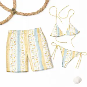 Floral Stripe Bikini & Men's Swim Shorts Set, Yellow & Blue Summer Beachwear, Vacation Ready Swimwear for Women & Men