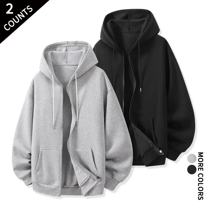 2 Pack Solid Color Zip Up Hoodies Unisex Loose Drop Shoulder Hooded Sweatshirt Casual Basic Plain Zip Hoodie Jacket for Men Women Daily Streetwear