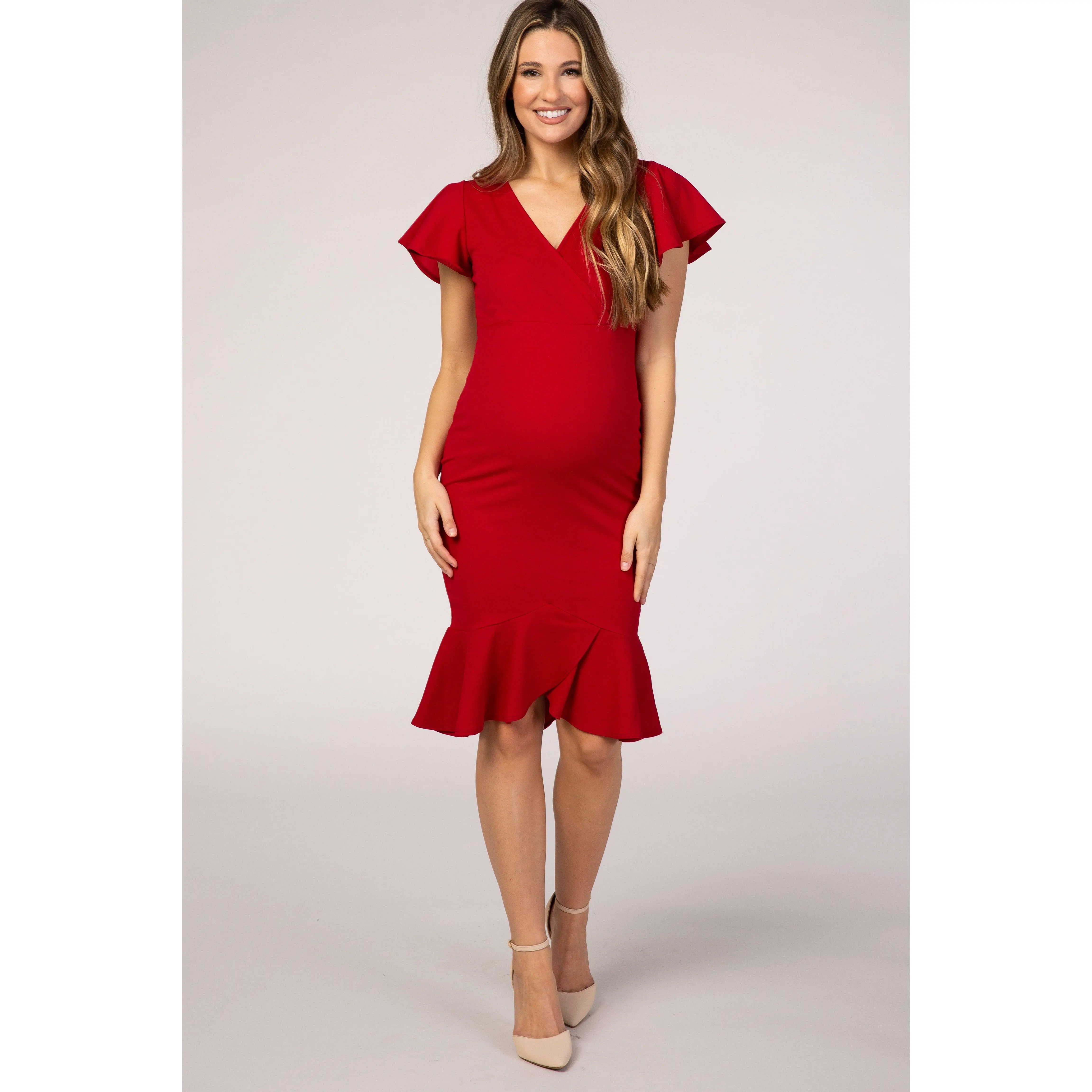 slim fit dress slacks Pinkblush Red Lace Overlay Maternity Maxi Dress main image 1