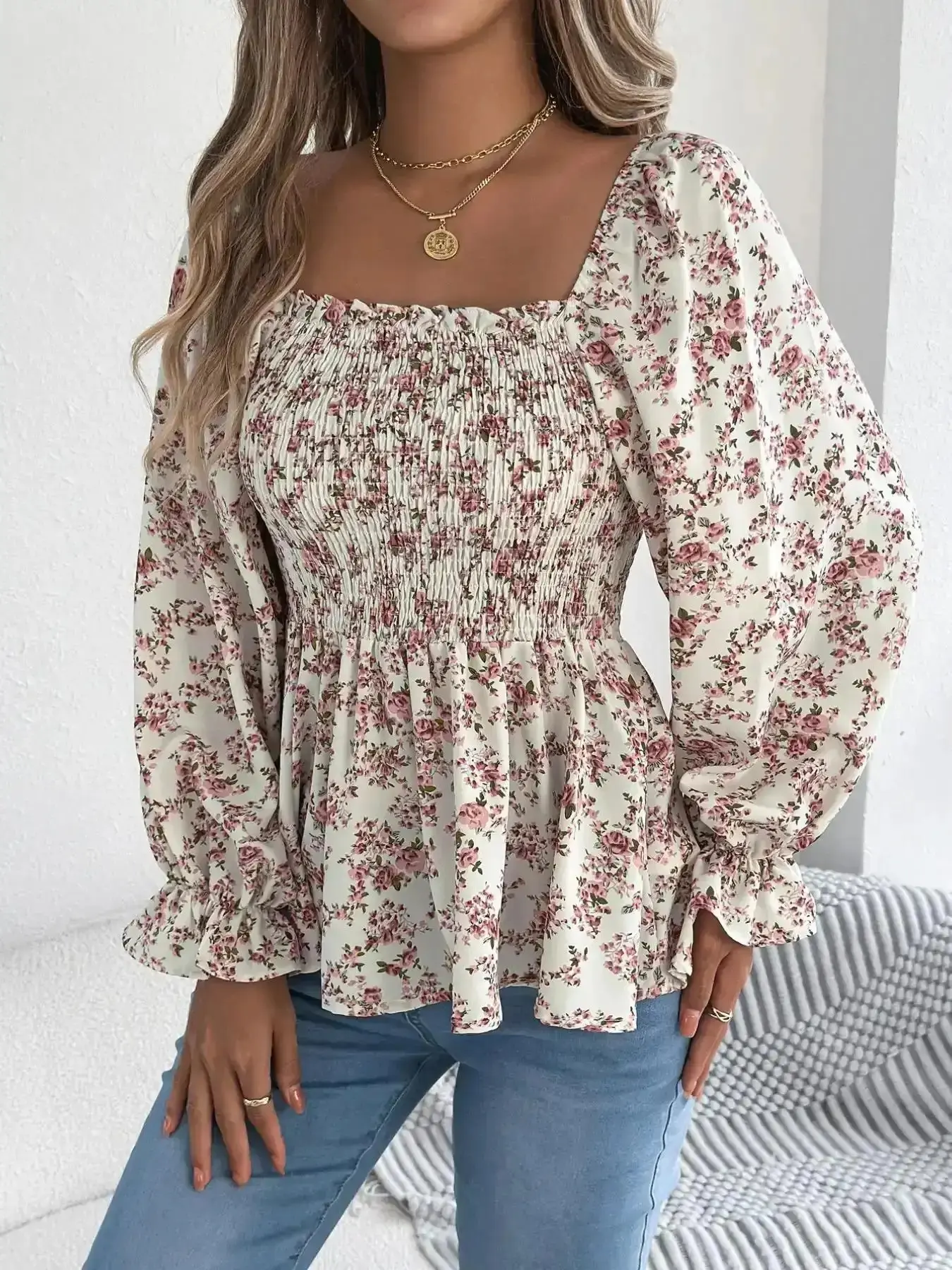 Women's Ditsy Floral Print Ruffle Trim Blouse, Boho Fashion Top for Holiday, Vacation and Daily Wear, Women's Clothing for Spring & Fall, Womenswear, Casual Chic, Easy Styling, All Season Use, Closet Staple