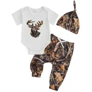 Newborn Baby Boys Short Sleeve Deer Tops Romper Bodysuit Camo Wild Pants with Hat 3 Pcs Outfit Clothes Set