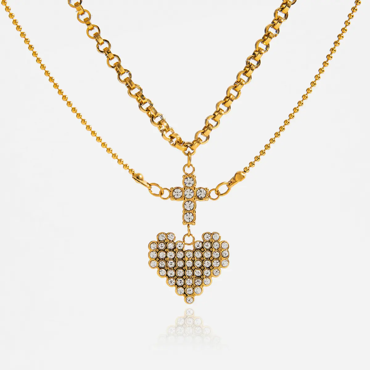 [FLAME] 18K Gold Plated Stainless Steel Layered Necklace, Cross & Pave CZ Heart Pendant, Cuban Link Chain, Waterproof Tarnish Resistant, Y2K Gothic Jewelry for Women, Perfect Gift