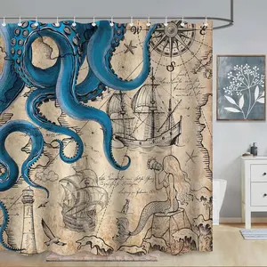 Vintage Nautical Octopus Shower Curtain, Navy Blue Mermaid Funny Ocean Kraken Shower Curtains for Bathroom, Anchor Coastal Map Waterproof Fabric Bath Curtain Decor with Hooks