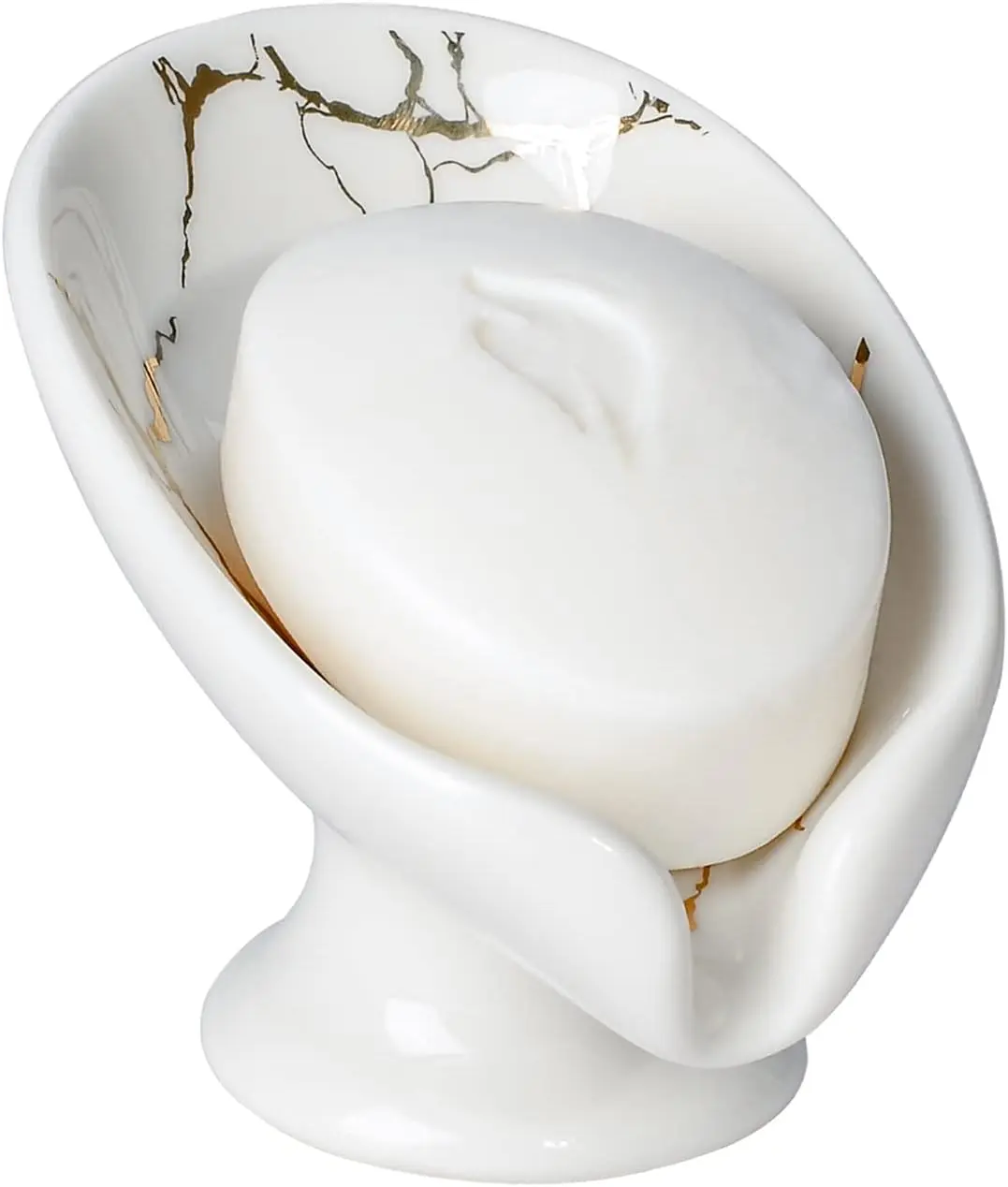 Soap Dish, Soap Holder Self Draining Leaf Shape Soap Dishes, Ceramic Drain Soap Dish for Sink Bathroom Shower Kitchen, Easy to Clean Keeps Soap Dry, Cream White & Gold Marble Pattern.
