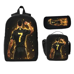 3PCS Soccer Backpack Set for Boys, Football Player Number 7 Graphic School Bag Set with Lunch Bag & Pencil Case, Sports Travel Backpack Gift for Fans & Students