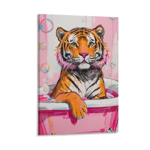 Cute Little Tiger in The Bathtub Wall Animal Decoration Poster Suitable for Girls Canvas Poster Bedroom Decor Sports Landscape Office Room Decor Gift Frames Ornaments Artistic Print Photo Frame-Style