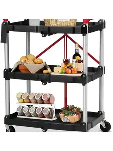 Black 2025 New Folding Collapsible Service Cart, 3 Tier Portable Folding Utility Rolling Cart, 56 Lb. Load Capacity Per Shelf, Utility Cart With Wheels And Ergonomic Handle, For Home, Commercial Aluminium Organiser