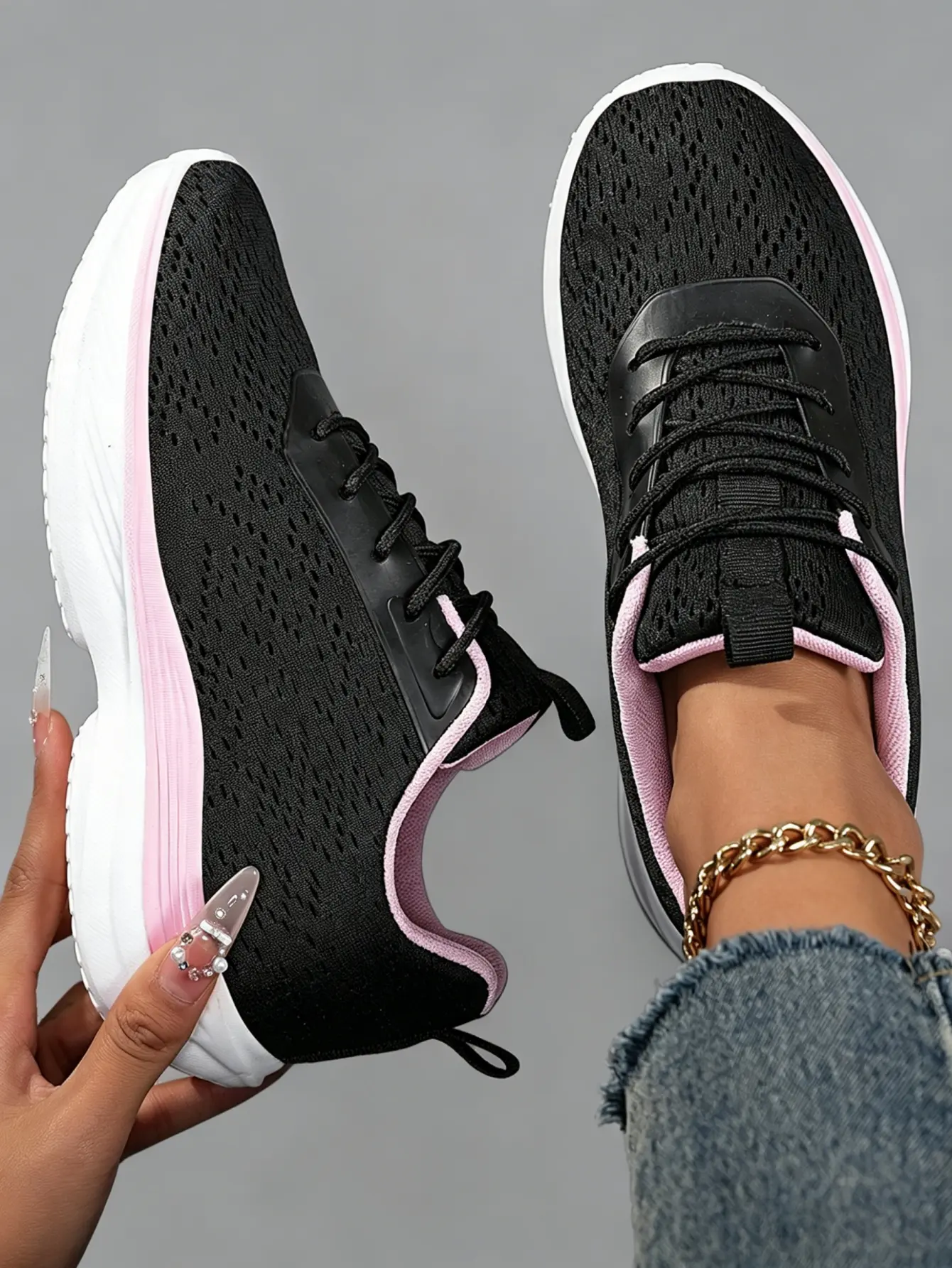 Women's Casual Breathable Mesh Sneakers - Adjustable Laces, Ankle-Cut, Lightweight Foam Cushion, Anti-Slip Sole, Water Resistant for Gym & Walks, Back to School Haul, Sporty Chic Affordable Fashion Trainers
