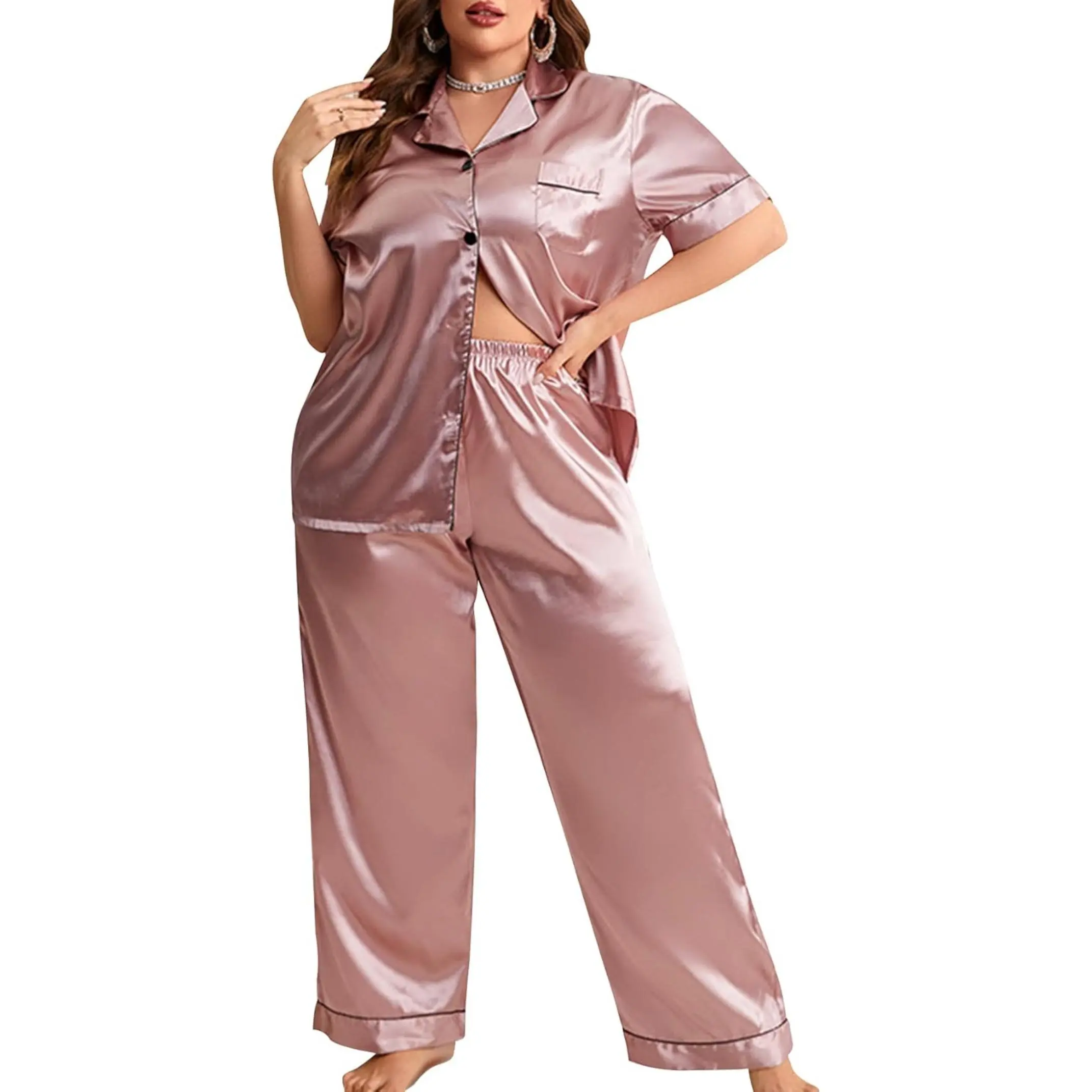 Women's Plus Size Pajama Set, Casual Silky Satin 2-Piece Sleepwear with Button-Down Short Sleeve Top & Long Pants, Lady, Nightwear, Shortsleeve, Buttons, Casual Wear, Breathable Wash, 2 Piece Sets, Pj Sets For Women