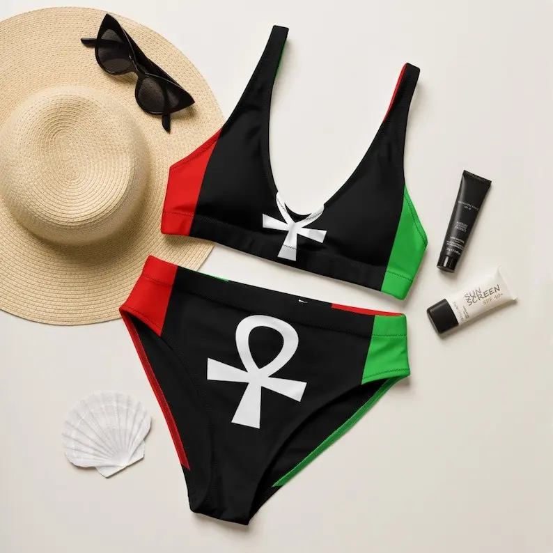Women 2 Piece Ankh Print Bikini Set High Waist Pan African Red Black Green Swimsuit Juneteenth Beach Summer Swimwear Egyptian Symbol Cute