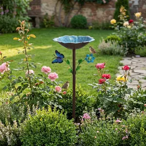 Vintage Blue Iron Butterfly Flower Bird Feeder, 76cm Tall, 27.5cm Bowl, Garden Decor for Bird Lovers
