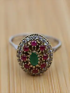 Vintage Bohemian Cube Zirconia Bicolor Women's Ring, Boho Statement Ring, Unique Silver Color Ring, Turkish Handmade Jewelry Gift, Costume Jewelry