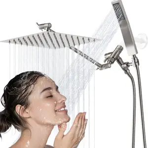 8" Square Shower Head Combo with Handheld Spray, High Pressure with Extension Arm, 71" Extra Long Hose Room Accessories,Shower Equipment (Nickel)