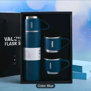 4pcs Stainless Steel Water Bottle & Cups Gift Set - Large with 3 Small Cups +1 Water Bottle, Triple Lids for Hot/Cold Drinks, Portable for Business, School, Office, Camping, Travel - 304 Steel, Hand