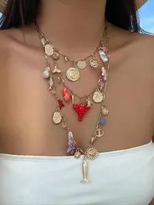 Boho Style Multi-element Pendant Necklace, Vintage Fashion Necklace for Party, Daily Clothing Decor, Trendy All-match & Exquisite Jewelry for Birthday Gift