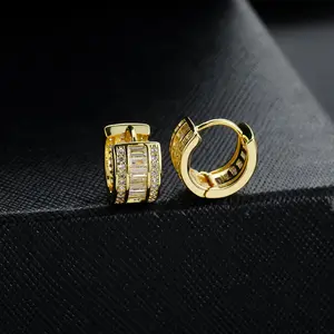 14K Gold Plated Brilliant Cubic Zirconia Huggie Earrings for Men Trendy Elegant Hypoallergenic Iced Cz Baguette Hoop Earrings For Men Women