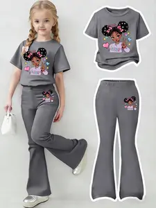 Girls' Sweet Cool Style Set Cartoon Girl Print Short Sleeve Top & Slim Fit Bell Bottom Pants Two-Piece