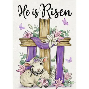 He is Risen Easter Christian Decorative Garden Flag, Religious Cross Lamb Lily Flower Yard Outside Decorations, Spring Eucalyptus Leaves Butterfly Outdoor Small Home Decor Double Sided 12 x 18
