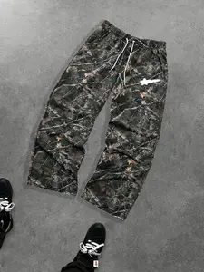 Men's Casual Sporty Camo Pants, Meteor Print Drawstring Wide Leg Long Pants, Fashionable All-Season Loose-Fit Men's Clothing, Camo Sweatpants